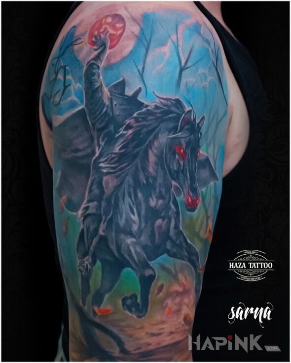 Tattoo Jeździec kolorowy tatuaż in characters motif and graphic / illustrative style on the upper arm
