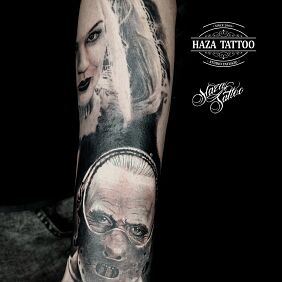 Tatuaż Hannibal Lecter Harley Quinn na przedramieniu motyw: postacie styl: realistyczne