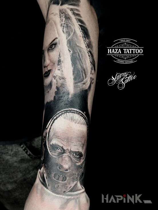 Tattoo Hannibal Lecter Harley Quinn in dark motif and realistic style On the arm
