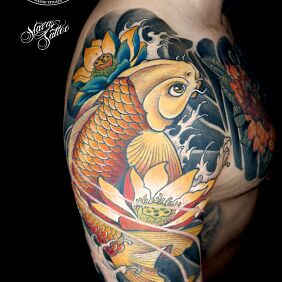 Tattoo Koi fish on the shoulder motif: colorful style: japanese / irezumi