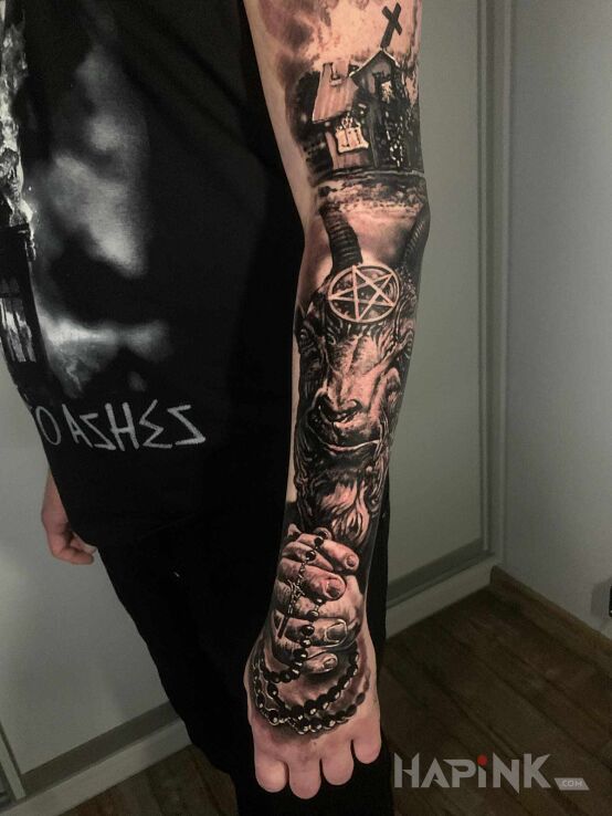 Tattoo Kozioł :) in demons motif and realistic style on the hand