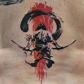Tattoo Samurai on the back motif: characters style: trash polka