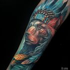 Tatuaż realistyczny niedźwiedź z pióropuszem na ręce, motyw: kolorowe, styl: realistyczne