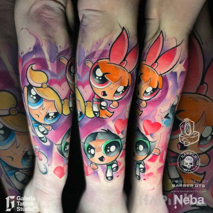Tattoo Atomówki in fantasy motif and Watercolor style on the forearm