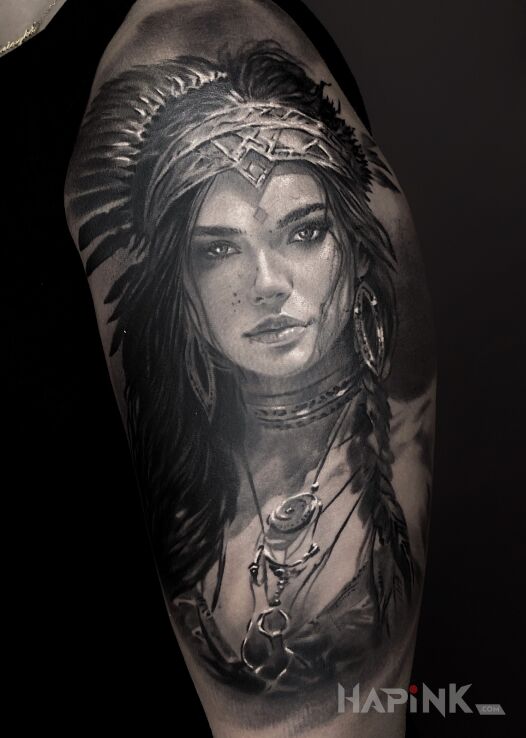 Tattoo Portret Indianki. in 3D motif and realistic style On the arm