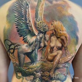 Tattoo Back with Boris Vallejo artwork. on the shoulder blades motif: characters style: realistic