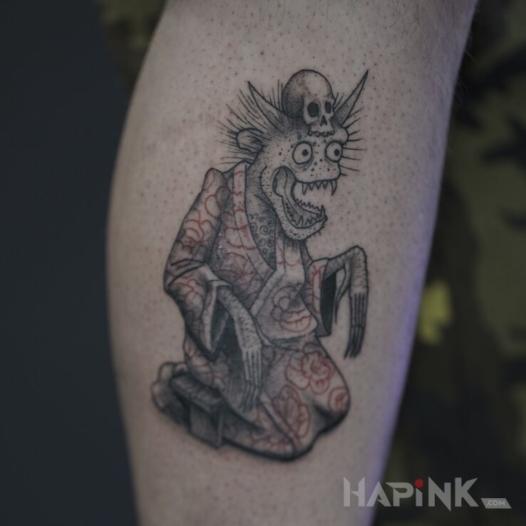 Tattoo Graficzna wrzutka. in black and gray motif and graphic / illustrative style on the leg
