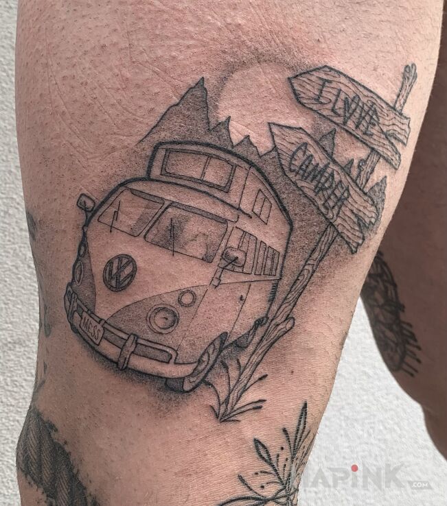 Tattoo Camper love. in nature motif and dotwork style on the leg