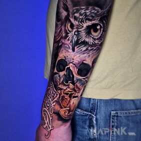 Tattoo Owl and skull on the forearm on the forearm motif: skulls style: realistic
