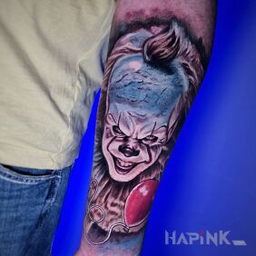Tattoo Clown with a balloon on the forearm on the forearm motif: 3D style: realistic