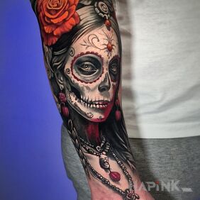 Tattoo Santa muerte on the forearm on the forearm motif: religious style: realistic