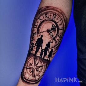 Tattoo Compass clock family on the forearm motif: objects style: realistic