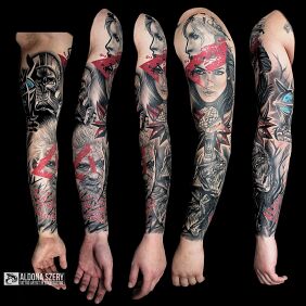Tattoo The Witcher on the bicep motif: sleeves style: trash polka