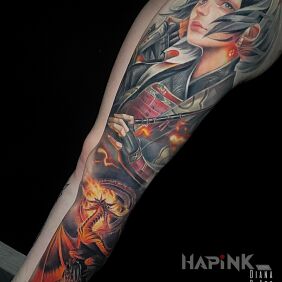 Tattoo Japanese leg sleeve on the knee motif: manga / anime style: realistic