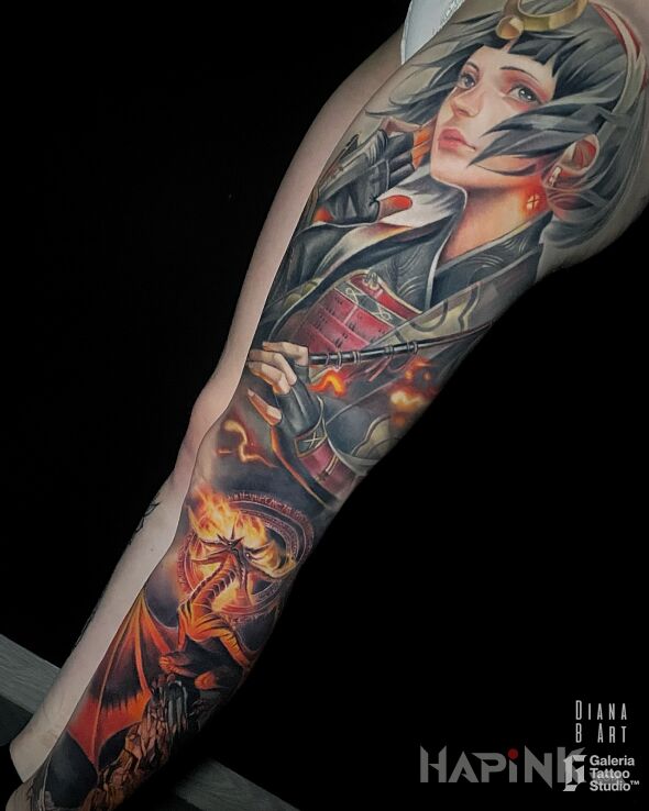 Tattoo Japońska nogawka in manga / anime motif and realistic style on the tibia