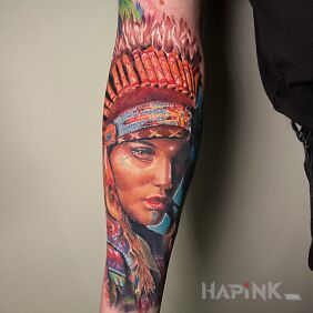 Tattoo Indian woman by @ironicznakobra on the forearm motif: colorful style: realistic