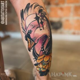Tattoo Neo-traditional swan on the leg motif: colorful style: neo-traditional