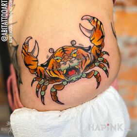 Tattoo Japanese crab on the ribs motif: animals style: neo-traditional