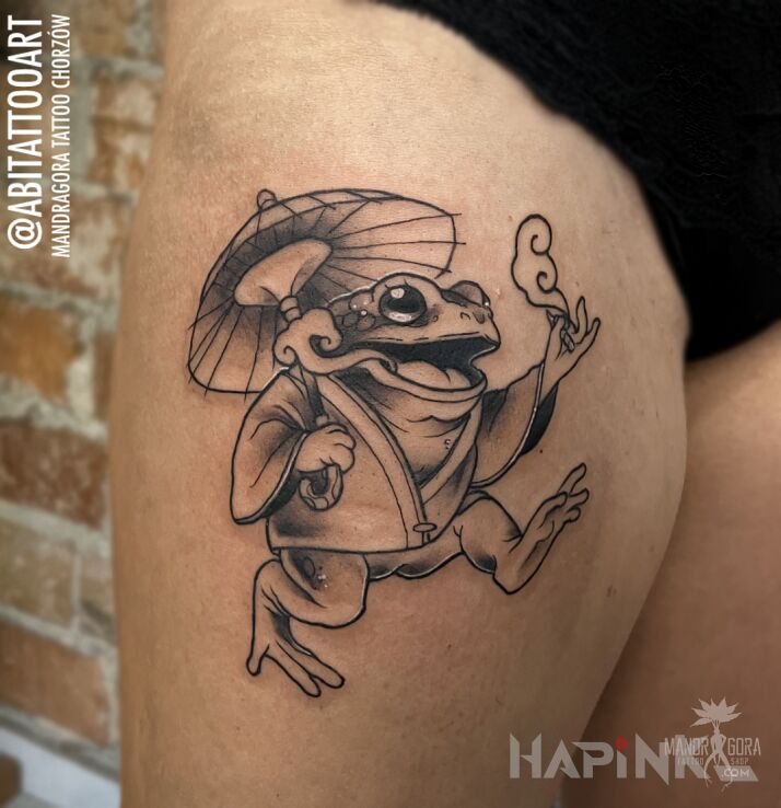 Tattoo Żaba w kimonie in funny motif and graphic / illustrative style on the leg