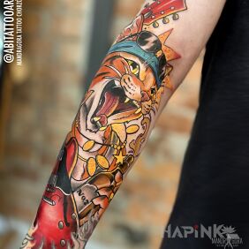 Tattoo Rock 'n roll cat on the forearm motif: colorful style: neo-traditional