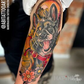 Tattoo Puppy portrait On the arm motif: animals style: neo-traditional