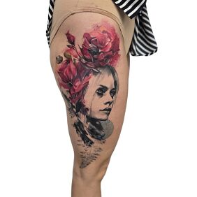 Tattoo Poppy Lady on the thigh motif: floral style: Watercolor