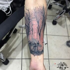 Tattoo Forest On the arm motif: dark style: realistic