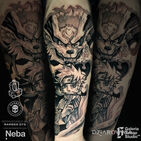 Tatuaż Naruto kurama anime na łydce motyw: twarze styl: graficzne / ilustracyjne