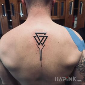 Tattoo Valknut on the back motif: black and gray style: Celtic / Nordic