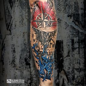 Tattoo Coming Home on the forearm motif: lettering style: graphic / illustrative
