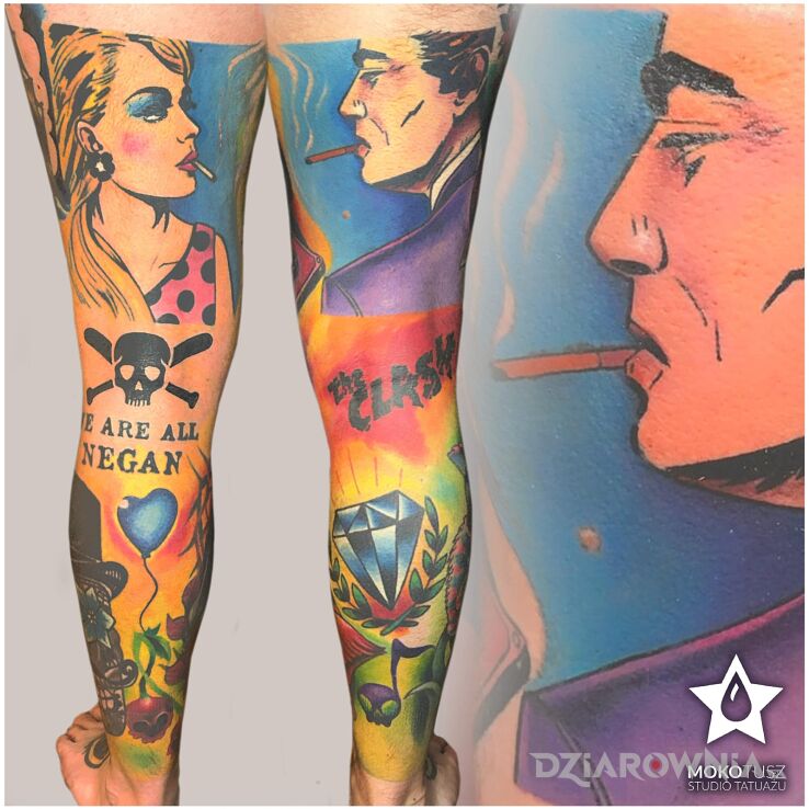 Tatuaż kolorowe nogawki w motywie kolorowe i stylu kreskówkowe / komiksowe na udzie
