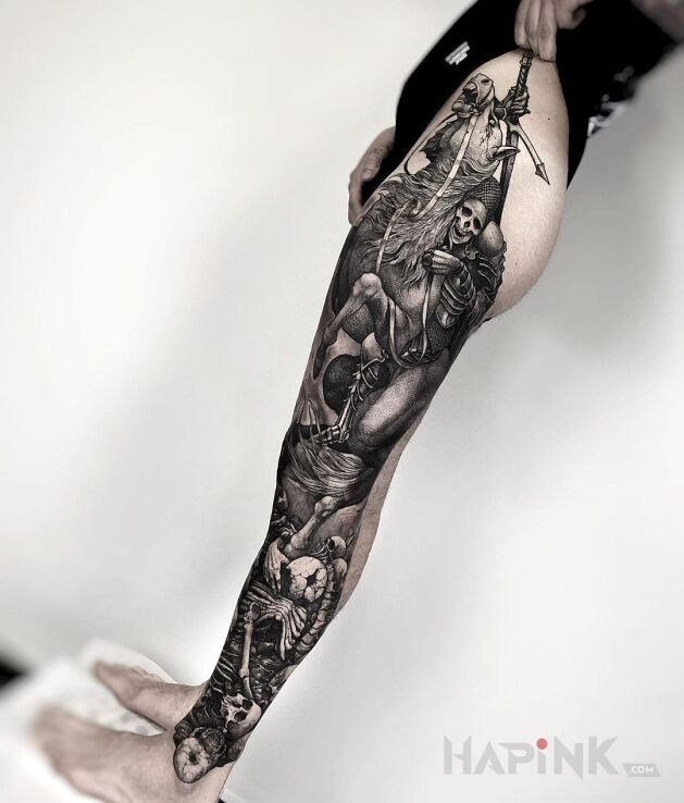 Tattoo Armia ciemności in dark motif and graphic / illustrative style on the thigh