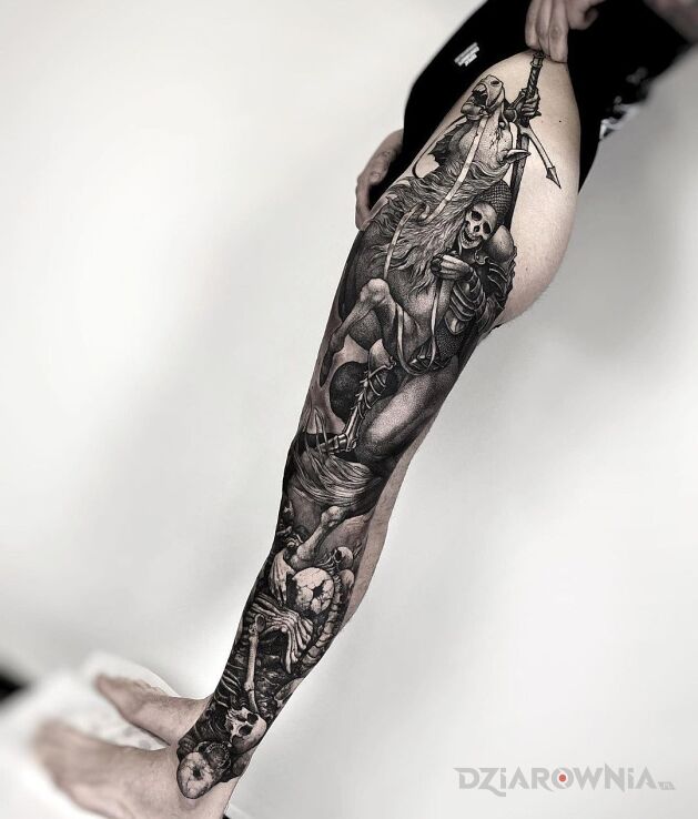 Tatuaż armia ciemności w motywie nogawki i stylu graficzne / ilustracyjne na nodze