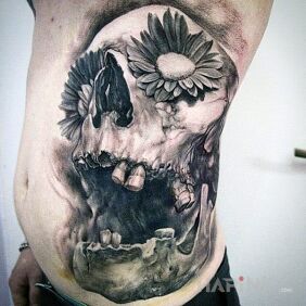 Tattoo Flowers on the eye sockets on the stomach motif: 3D style: realistic