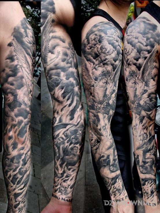 Tatuaż szary rekaw w motywie rękawy na przedramieniu
