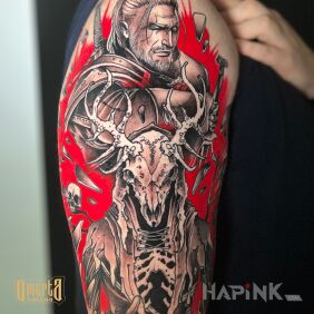 Tattoo The Witcher on a red background on the upper arm motif: fantasy style: graphic / illustrative