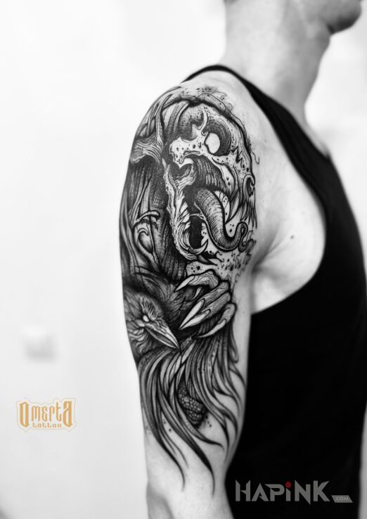 Tattoo Leszy w innym wydaniu in dark motif and graphic / illustrative style On the arm