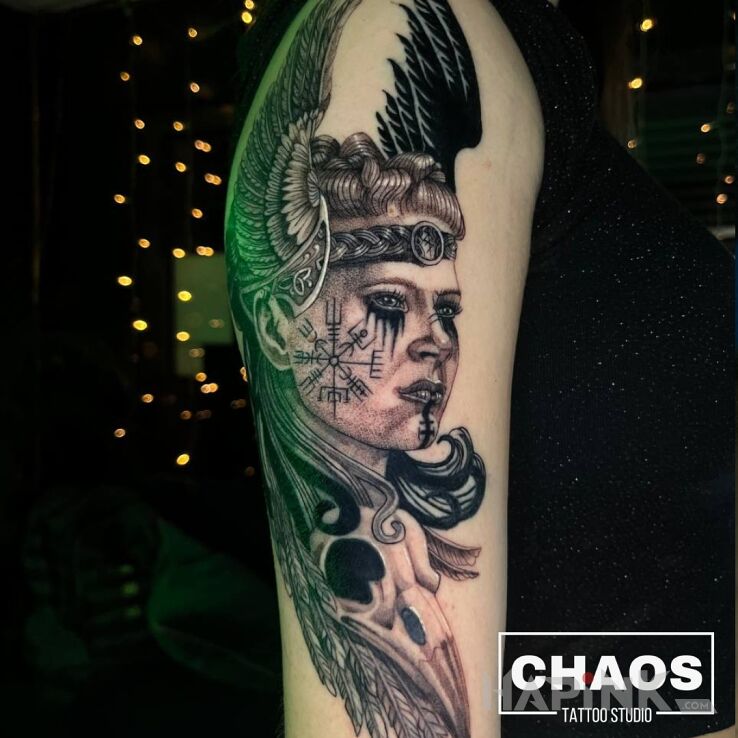 Tattoo Lagertha Lothbrok in faces motif and realistic style On the arm