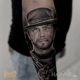 Tattoo Clint Eastwood portrait On the arm motif: characters style: realistic