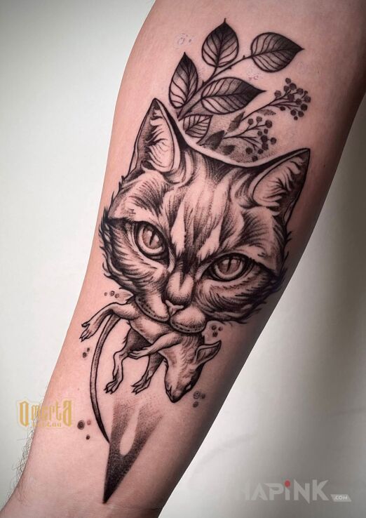 Tattoo Szkicowy kotek in black and gray motif and graphic / illustrative style on the forearm