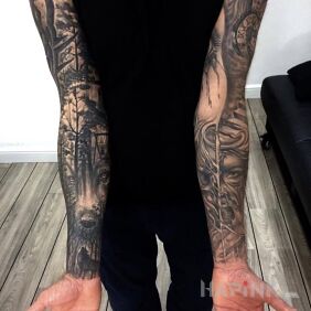 Tattoo Story 1 and 2:) on the forearm motif: sleeves