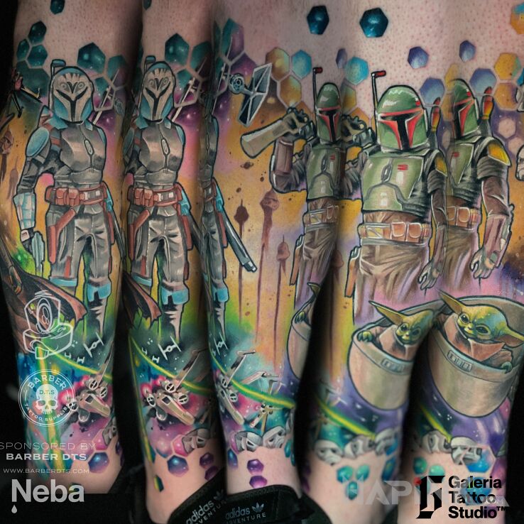 Tattoo The Mandalorian in science fiction motif and cartoon / comic book style on the calf