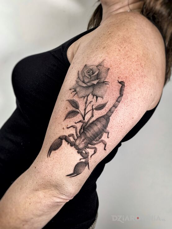 Tatuaż skorpion z różą w motywie znaki zodiaku i stylu dotwork na barku