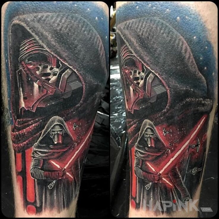 Tattoo Kylo ren in characters motif and realistic style on the upper arm