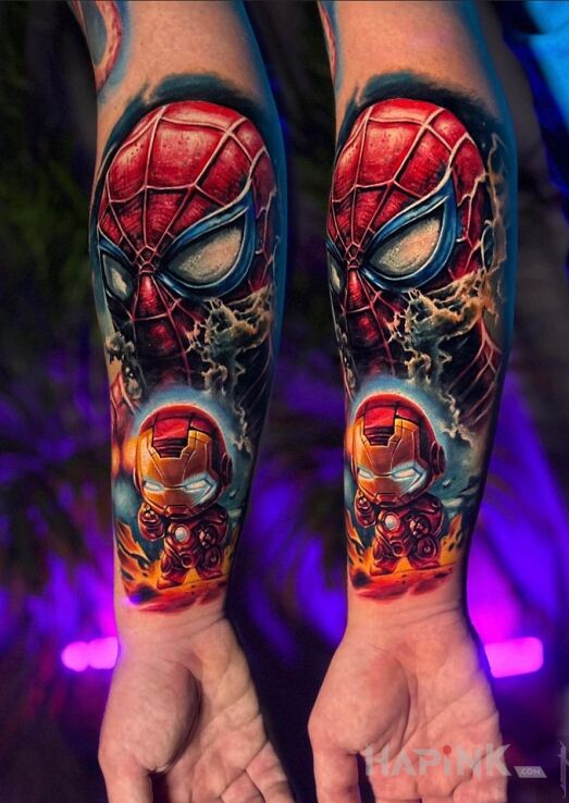 Tattoo Spider man i kinder iron man in colorful motif and realistic style On the arm