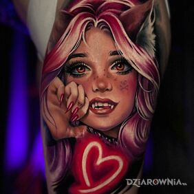 Tatuaż Ahri league of legends na nodze motyw: twarze styl: realistyczne
