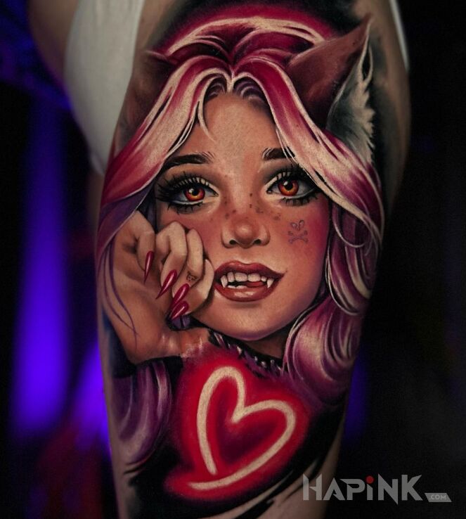Tattoo Ahri league of legends in colorful motif and realistic style on the leg