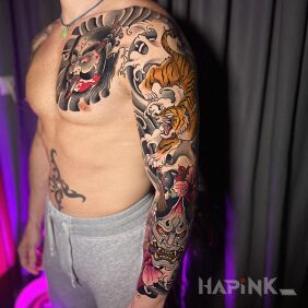 Tattoo Japanese tattoo on the forearm motif: faces style: japanese / irezumi