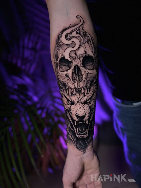 Tattoo Wilk in black and gray motif and graphic / illustrative style On the arm