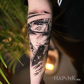 Tattoo Naruto on the forearm motif: black and gray style: graphic / illustrative